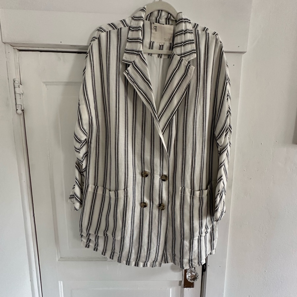 Anthropologie Chic Striped Blazer heavy linen with lining and pockets. Oversized